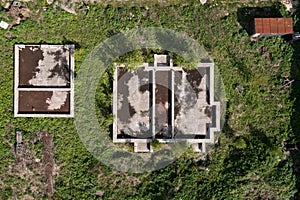 Overhead view of house foundation on a dacha land