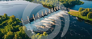 Overhead view of a hydroelectric dam on a river bend, with water cascading down spillways surrounded by dense green