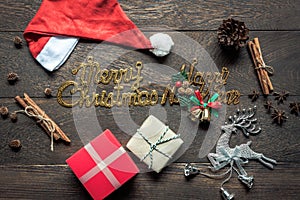 Overhead view of image decorations & ornaments merry Christmas & Happy new year background concept.