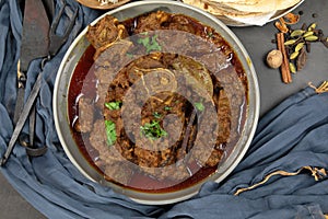 Overhead view of Indian  Goat curry, Mutton curry, Nihari, Rogan Josh in a bowl