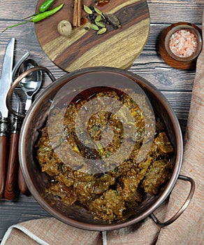 Overhead view of Indian  Goat curry, Mutton curry, Nihari, Rogan Josh in a bowl