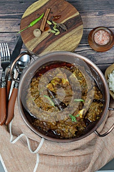 Overhead view of Indian  Goat curry, Mutton curry, Nihari, Rogan Josh in a bowl