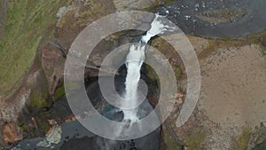 Overhead view of the jump of Haifoss waterfall in Iceland. Directly above one of the most famous and high cascade in