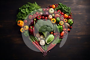 Overhead view on kitchen table chaos and Various green and red vegetables arranged in shape of heart, vegan concept