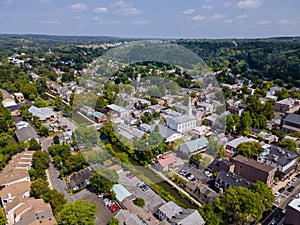 Overhead view of Lambertville New Jersey USA the small town residential suburban area with bridge across the river in the historic