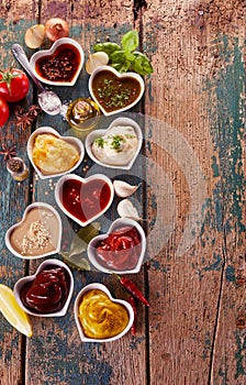 Overhead view of large assortment of sauces