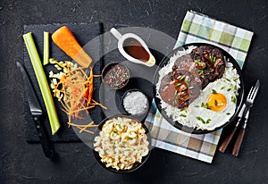 Overhead view of loco moco on a plate