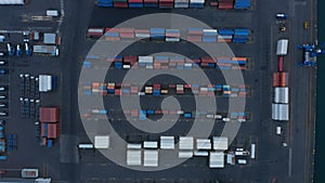 Overhead view of lots of containers stocked at Sundahofn cargo harbor in east side of Reykjavik. Top down view of