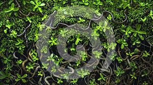 An overhead view of a lush green forest floor with a mix of long and thin nematodes snaking through the soil and photo