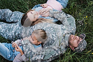 Overhead view of military serviceman resting