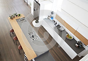 Overhead View Of Modern Kitchen With Island