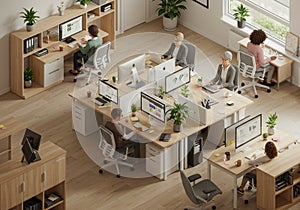 An overhead view of a modern office with several workstations arranged in a neat photo