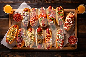 overhead view of multiple hot dogs on a wooden table