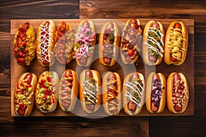 overhead view of multiple hot dogs on a wooden table