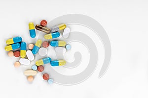 Overhead view of multiple pills tablet, caplet, capsule. Medication for various disease