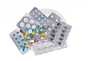 Overhead view of multiple strips of pills tablet, caplet, capsule. Medication for various disease photo