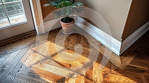 An overhead view of a newlyinstalled baseboard revealing the intricate design and craftsmanship of the trim work