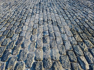 Overhead view of an old cobblestone street in New York City