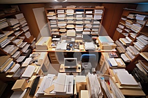 overhead view of an organized office with neat stacks of documents, files, and binders