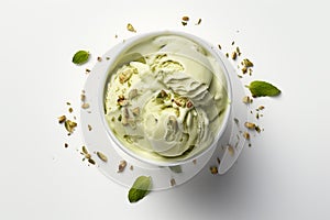 Overhead view of pistachio ice cream isolated on white background.