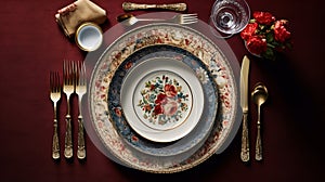 Overhead view of a place setting. Generative AI.