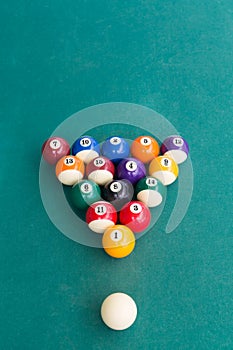 Overhead view of pool billards snooker balls on green table