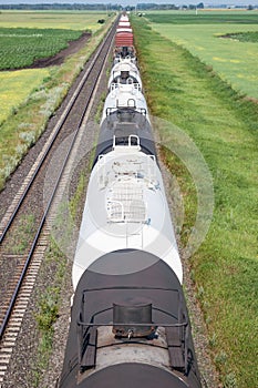 Overhead View of Railroad Tank Cars in Prairie Rural Setting