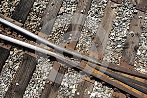 Overhead view of railroad track changeover rails. photo