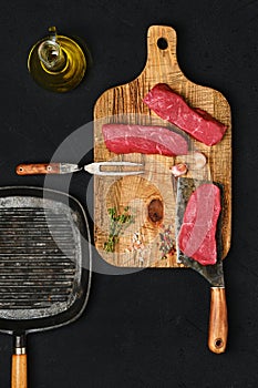 Overhead view of raw boneless beef strip steak