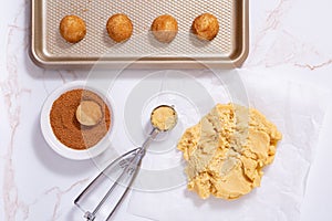 Overhead view of raw cookie dough with scoop and sheet pan