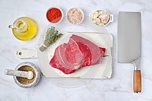 Overhead view of raw top side beef steak