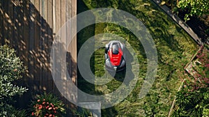 An overhead view of the robotic lawn mower its sensors clearly visible as it navigates through the yard photo