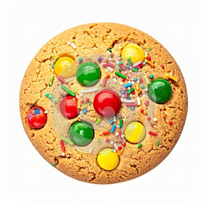 Overhead View of a Round Cookie with Multi Colored Candy on White Background