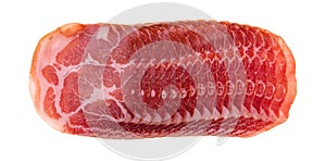 Top view of a row of thinly cut dry coppa on a white background photo