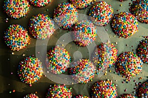 Overhead view of rows of small round cookies covered with colorful sprinkles