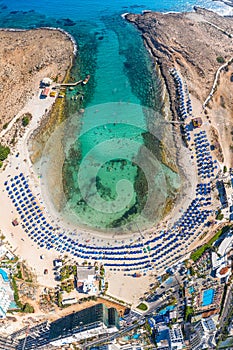 Overhead view of Sandy Bay Vathia Gonia beach in Ayia Napa. Famagusta District, Cyprus