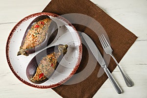 Overhead view of semifinished aubergine with meat filling