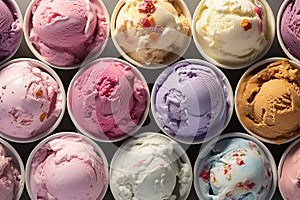 Overhead view set of ice cream of different flavours.