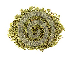 Overhead view of a small portion of cut tarragon isolated on a white background