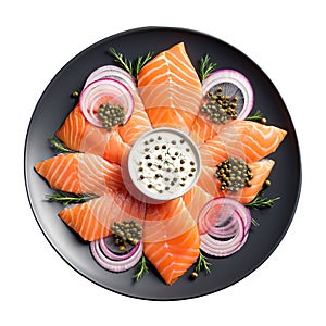 An overhead view of a smoked salmon platter, showcasing thinly sliced smoked salmon, garnished with capers