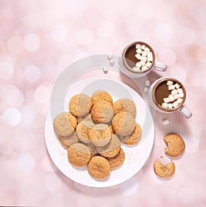 Overhead view of snickerdoodle cookies and hot cocoa