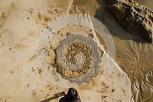 overhead view of someone drawing mandala in beach sand