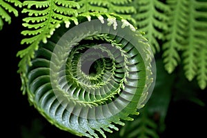 overhead view of a spiraling fern leaf unfurling