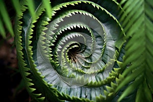 overhead view of a spiraling fern leaf unfurling