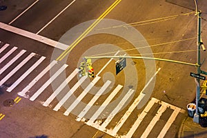 Overhead view of street intersection at night in NYC