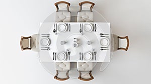 An overhead view of a symmetrically set dining table with chairs, plates, and cutlery on a white background