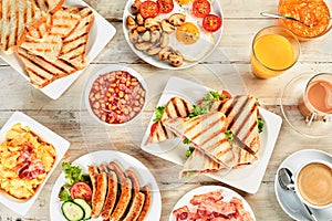 Overhead view of a table with english breakfast.