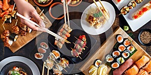 Overhead view of a table full of traditional Japanese food dishes