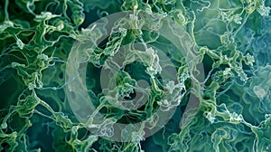 An overhead view of a tangled mass of bluegreen algae filaments with intricately patterned structures resembling tiny