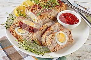 Overhead view of tasty Egg Stuffed Meatloaf